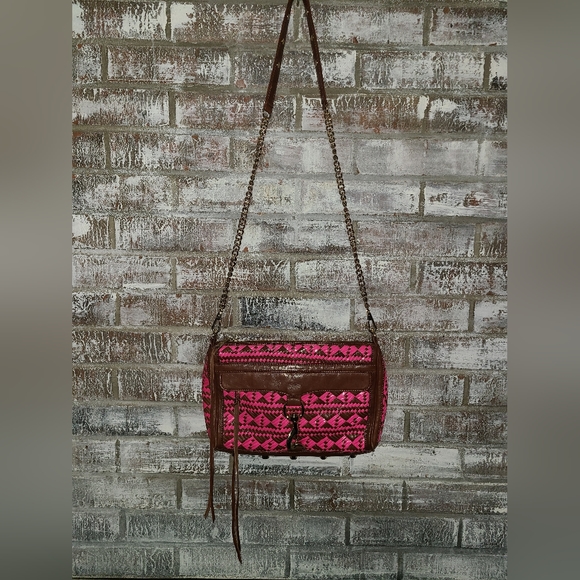 Rebecca Minkoff Pink/Brown Leather Woven Crossbody Gold Stud and Chain Accents. - Picture 2 of 11